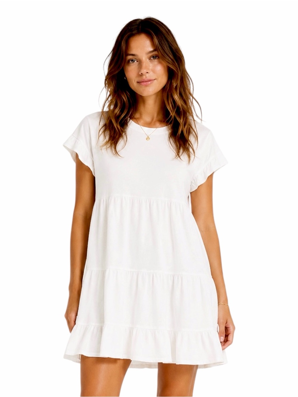 J.Crew – Tiered Dress in Broken-In Jersey – White Babydoll Mini Dress – Sz. S